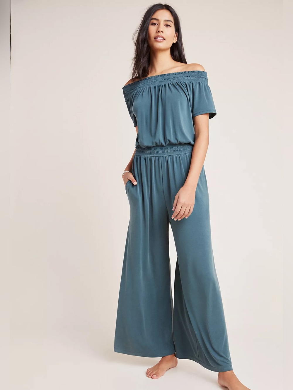 Anthropologie Saturday Sunday Modal Rebecca Wide Leg Smock Jumpsuit Teal Lounge